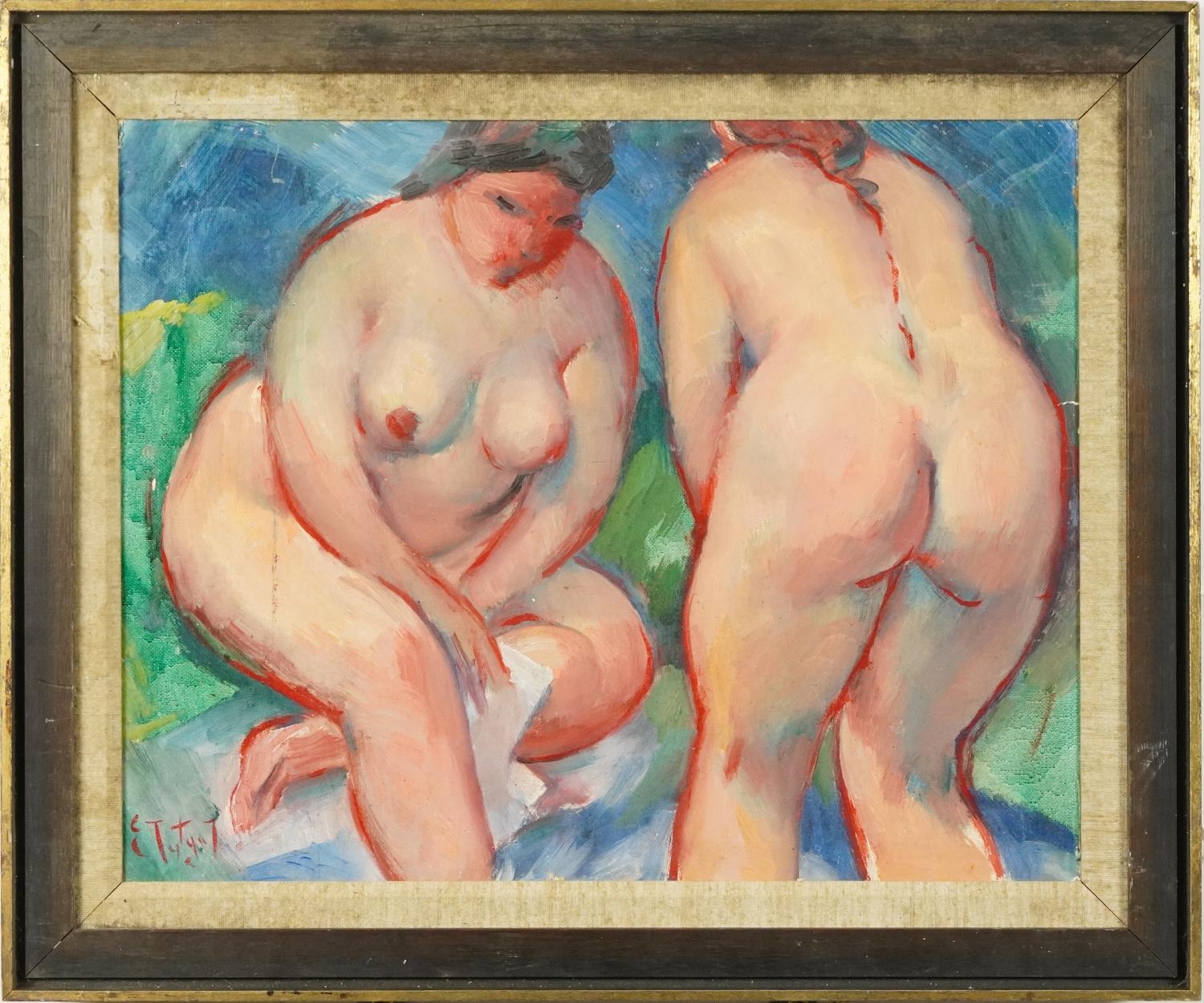 Nude females in an interior, Belgian school oil on canvas board, bearing an indistinct signature, - Image 2 of 4