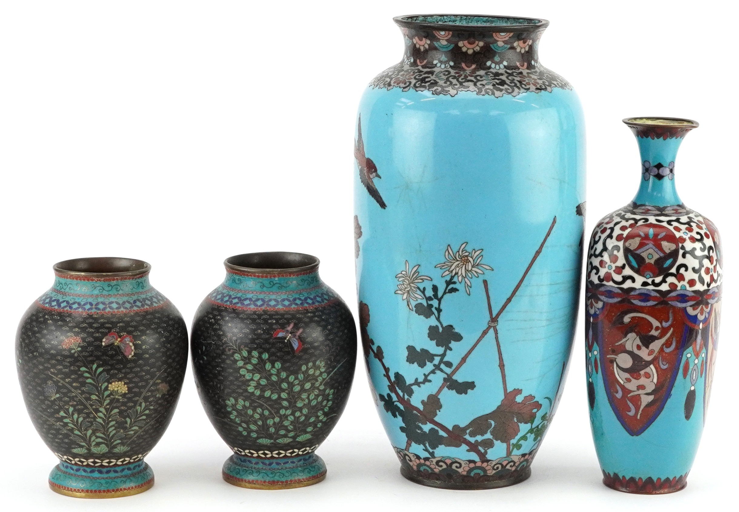 Four Japanese cloisonne vases including a pair enamelled with butterflies amongst flowers and an - Image 3 of 6