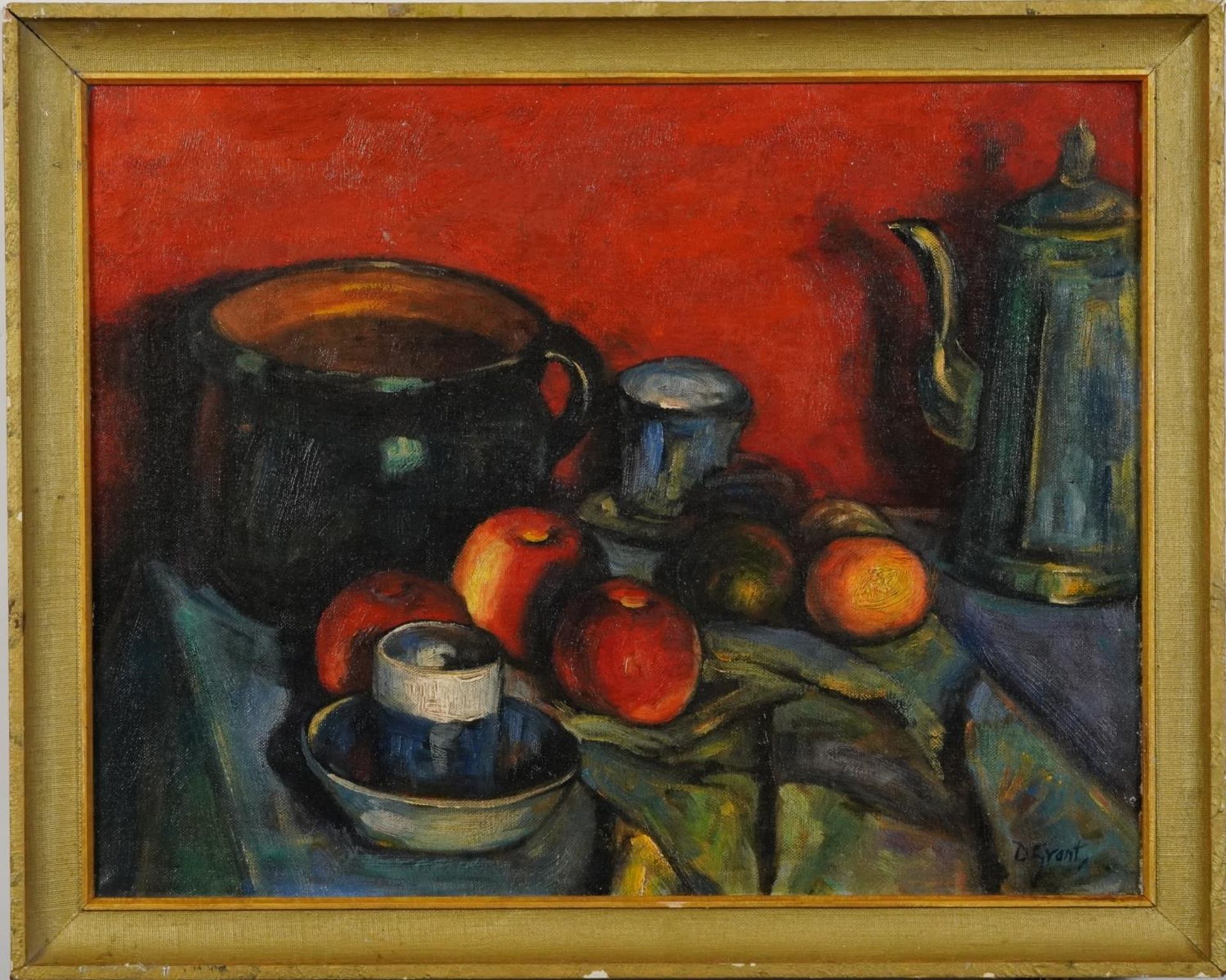 Still life, vessels and fruit, Camden Town school oil on board, mounted and framed, 45cm x 35cm - Image 2 of 4