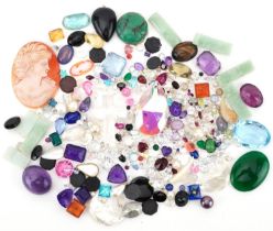Large collection of loose semi precious gemstones and cameos including sapphires, amethyst, topaz,