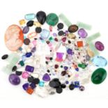 Large collection of loose semi precious gemstones and cameos including sapphires, amethyst, topaz,