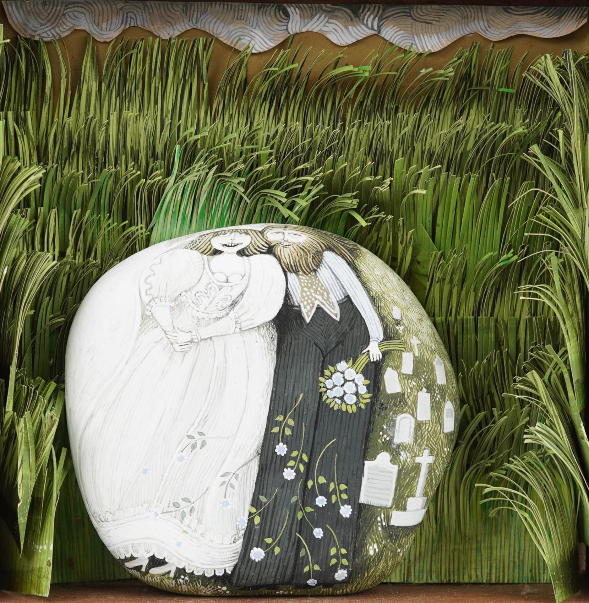 Irene Jones - Bride and groom, Cornish school glazed wall hanging diorama with hand painted stone, - Bild 2 aus 3