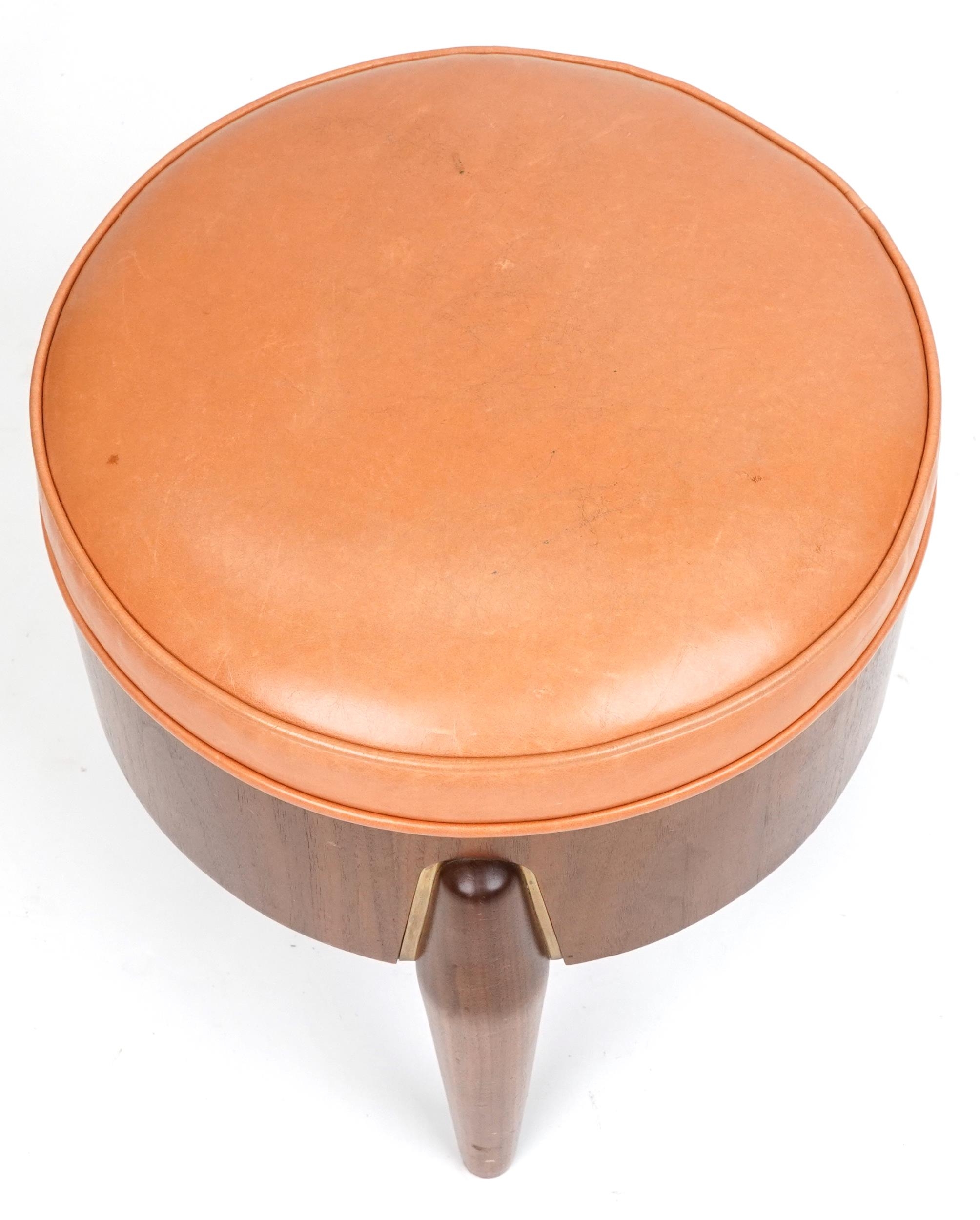 Scandinavian design hardwood three legged rocket stool with tan upholstered cushioned seat, 45cm H x - Image 2 of 3