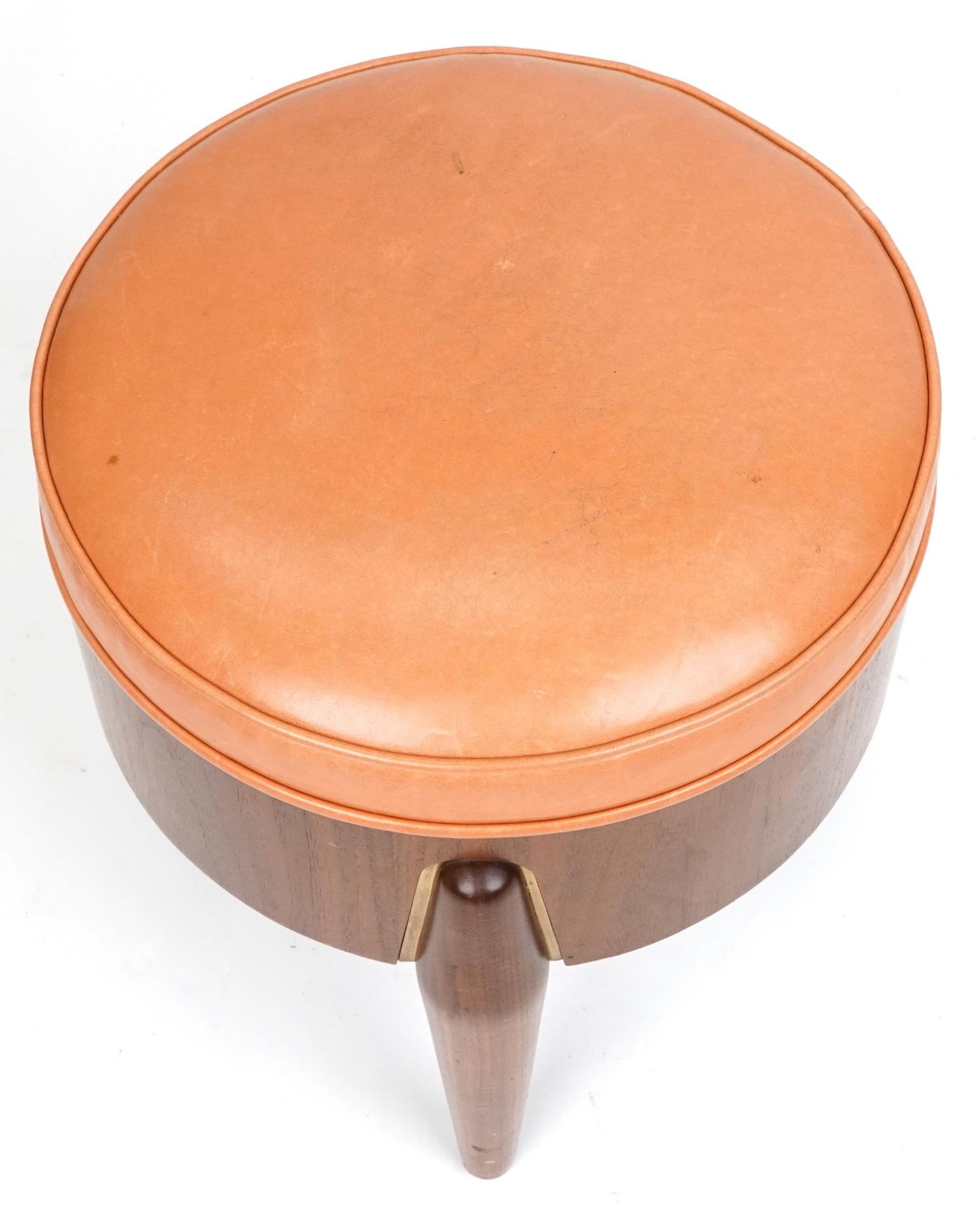 Scandinavian design hardwood three legged rocket stool with tan upholstered cushioned seat, 45cm H x - Image 2 of 3