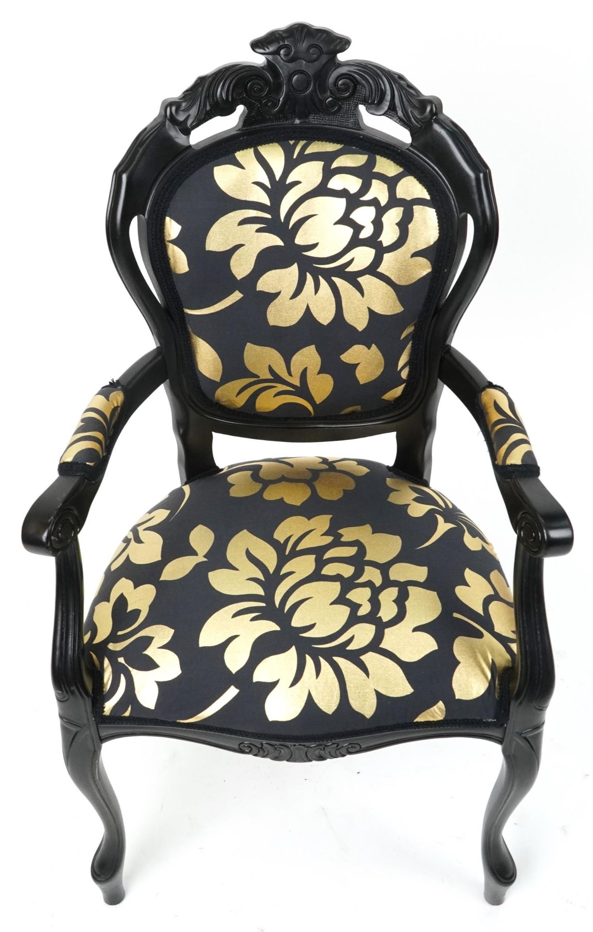 French style black painted elbow chair with black and gold floral upholstery, 103cm high - Image 3 of 4