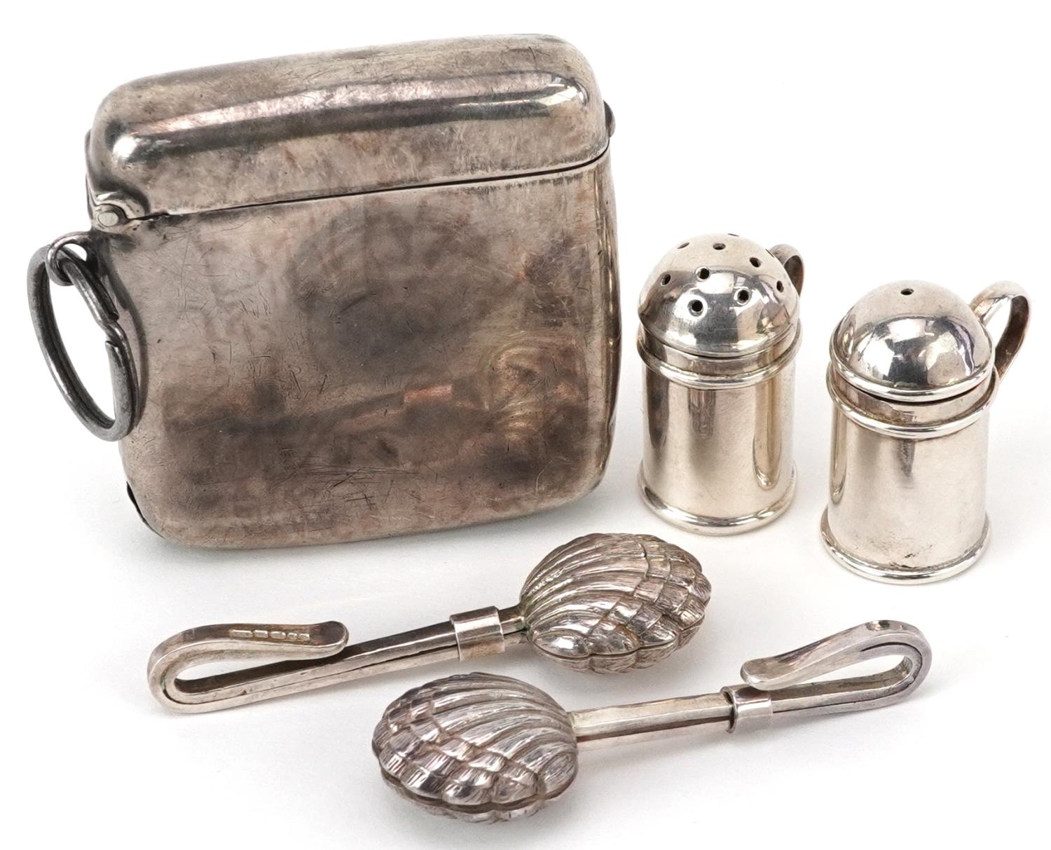 Edwardian and later silver sundry items comprising vesta, pair of miniature salt and pepper casters,