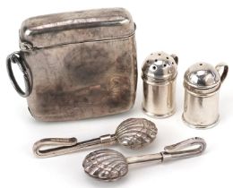 Edwardian and later silver sundry items comprising vesta, pair of miniature salt and pepper casters,