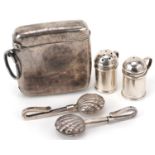 Edwardian and later silver sundry items comprising vesta, pair of miniature salt and pepper casters,