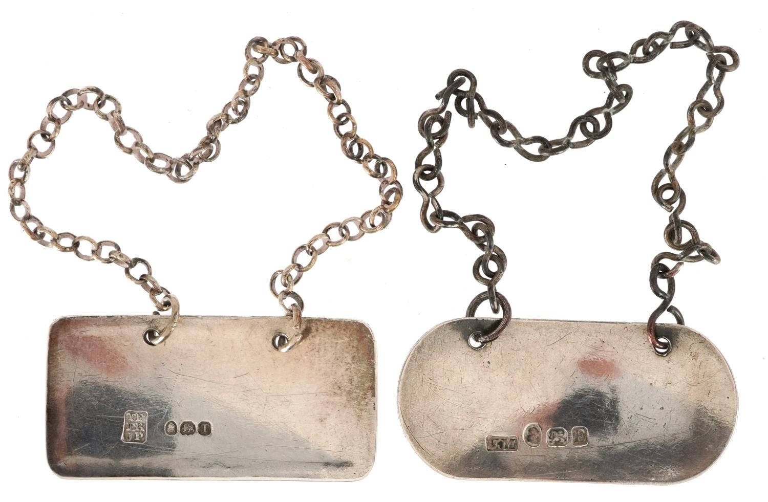 Two George III silver decanter labels comprising sherry and rum, 1800 and 1814, each 4.4cm wide, - Image 3 of 5