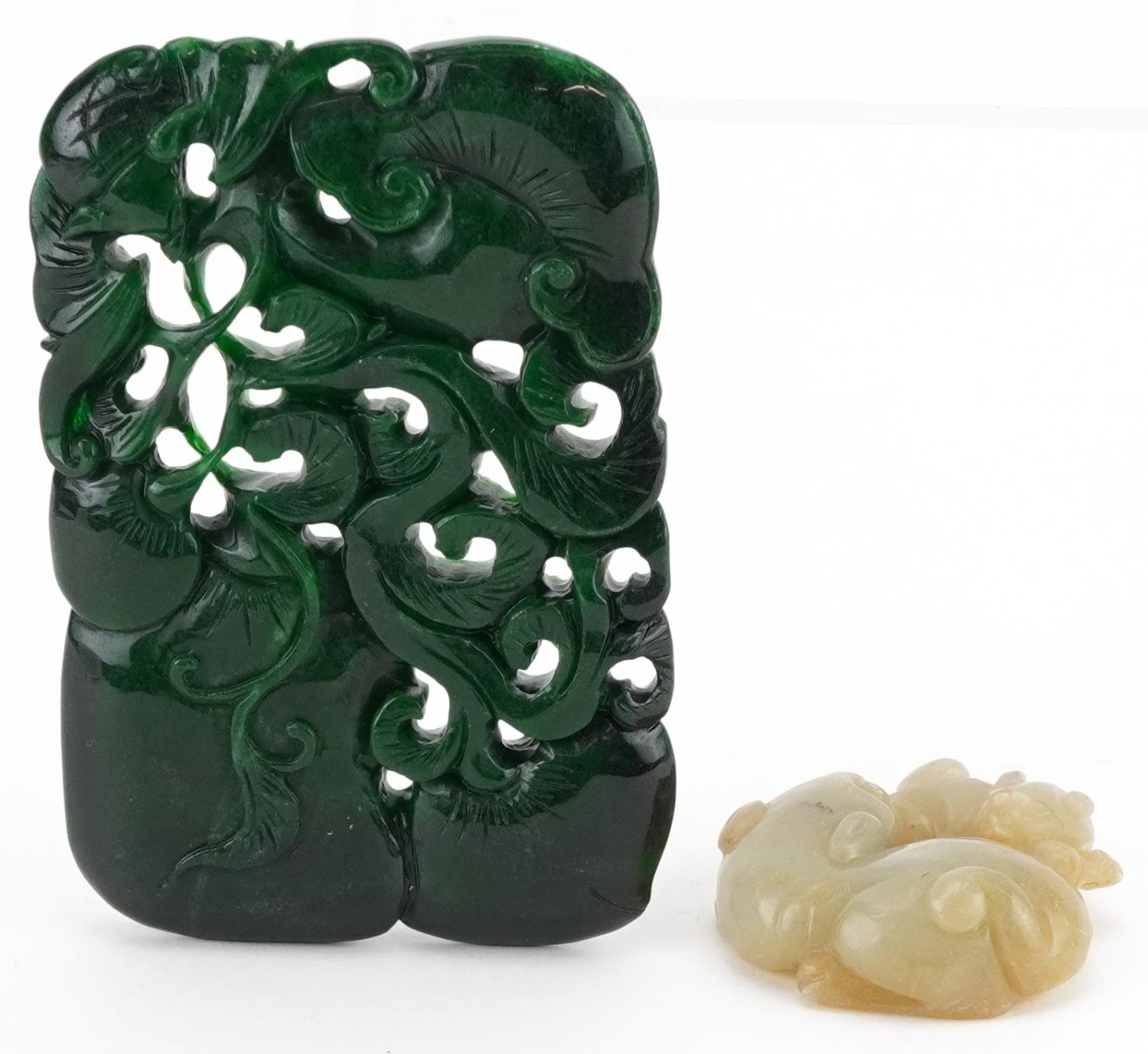 Two jade carvings including a green panel carved with fruit, the largest 11cm x 7.5cm - Image 2 of 3