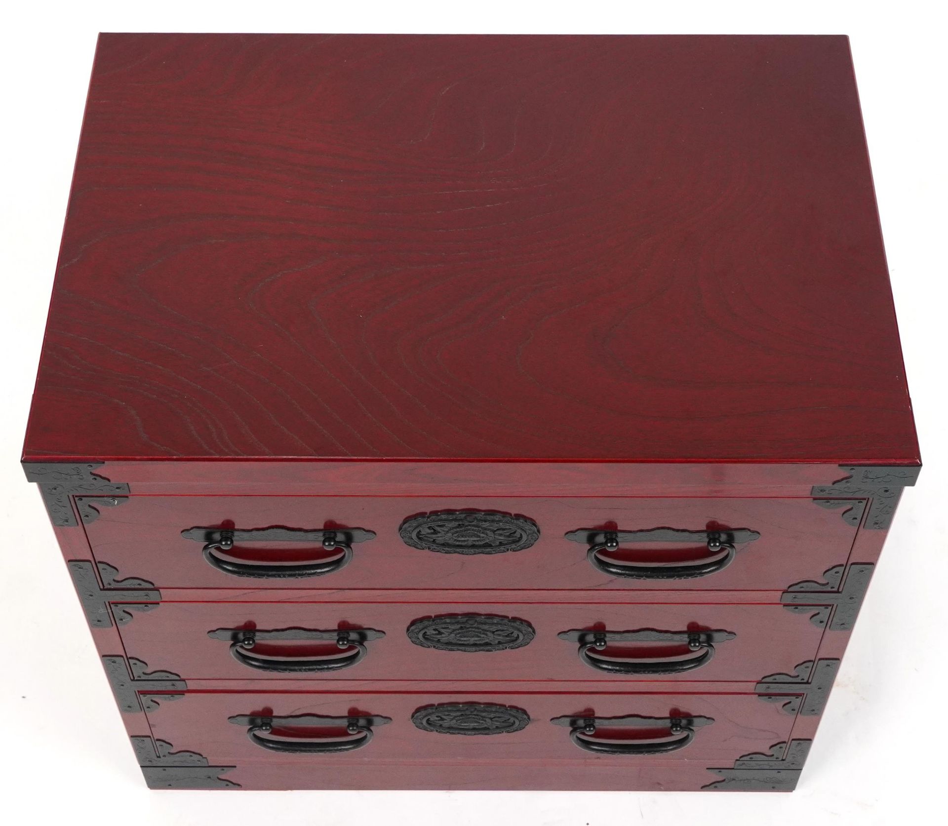 Chinese cherry wood type three drawer chest with cast black metal mounts, 57cm H x 60cm W x 40.5cm D - Image 3 of 5