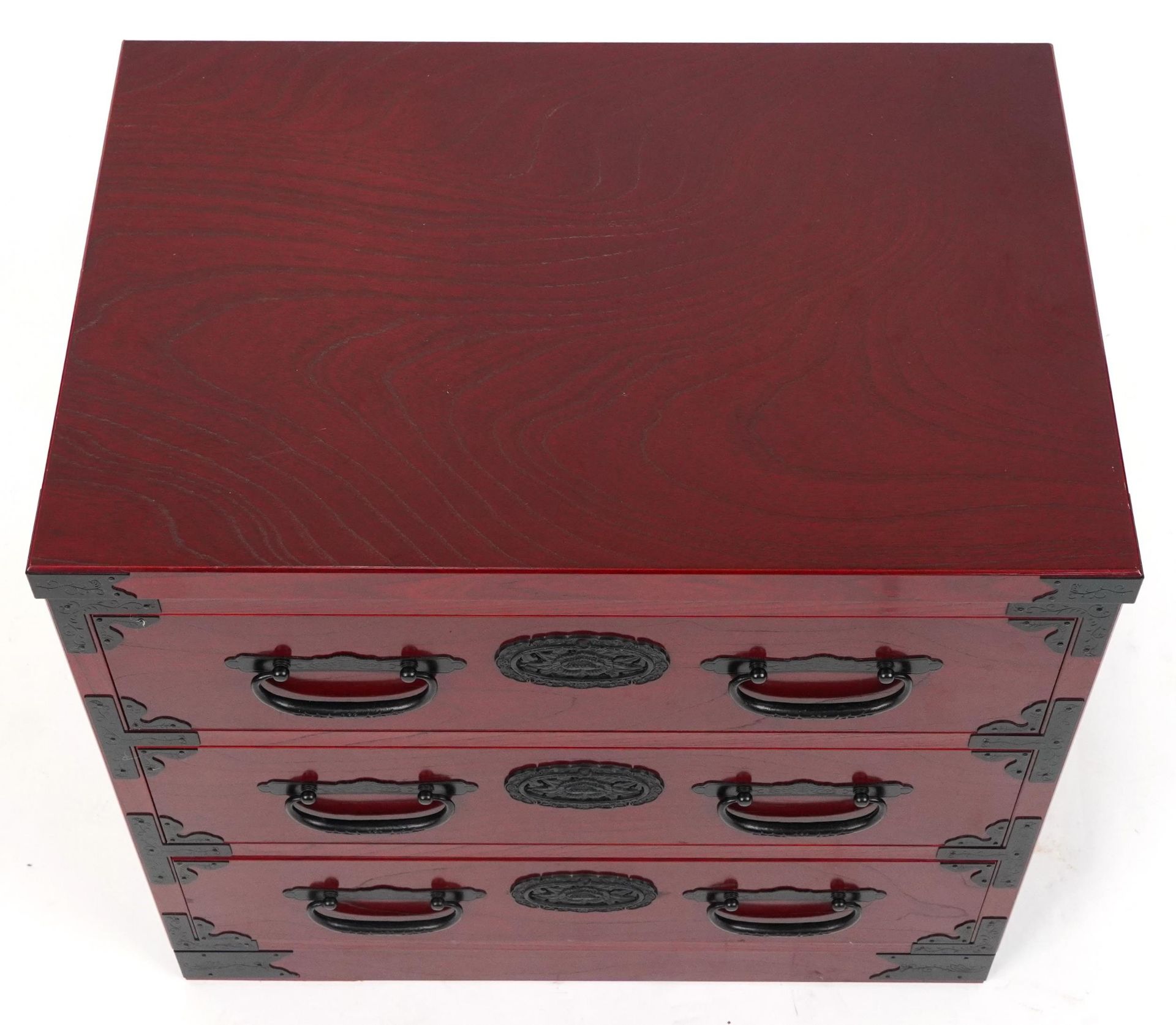 Chinese cherry wood type three drawer chest with cast black metal mounts, 57cm H x 60cm W x 40.5cm D - Bild 3 aus 5