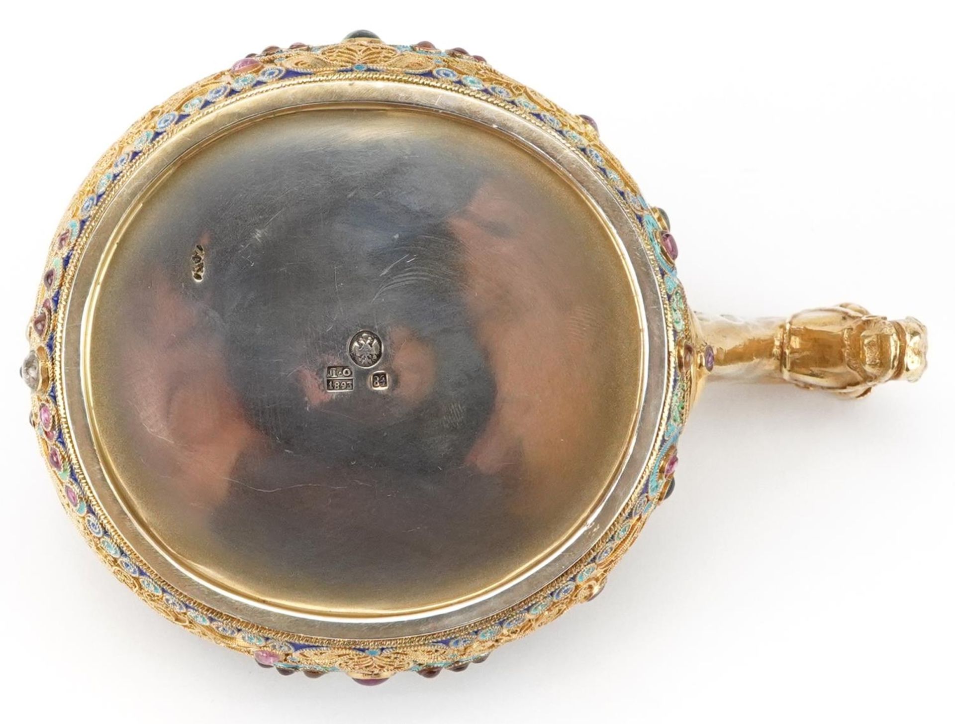 Silver gilt champleve enamel kovsh having a horsehead design handle and set with colourful - Bild 4 aus 5