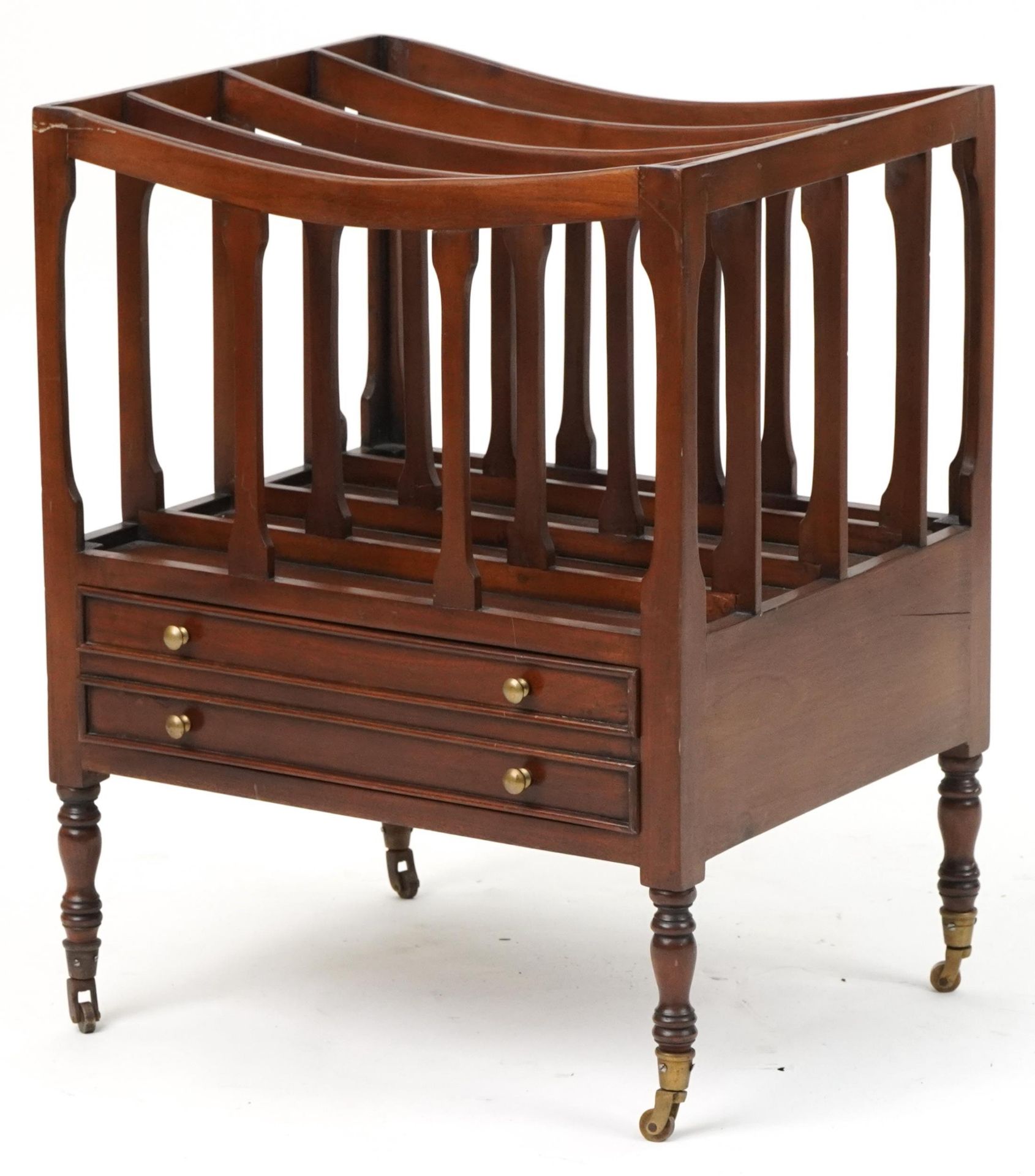 George III style mahogany Canterbury with base drawer on turned legs with brass casters, 59cm H x