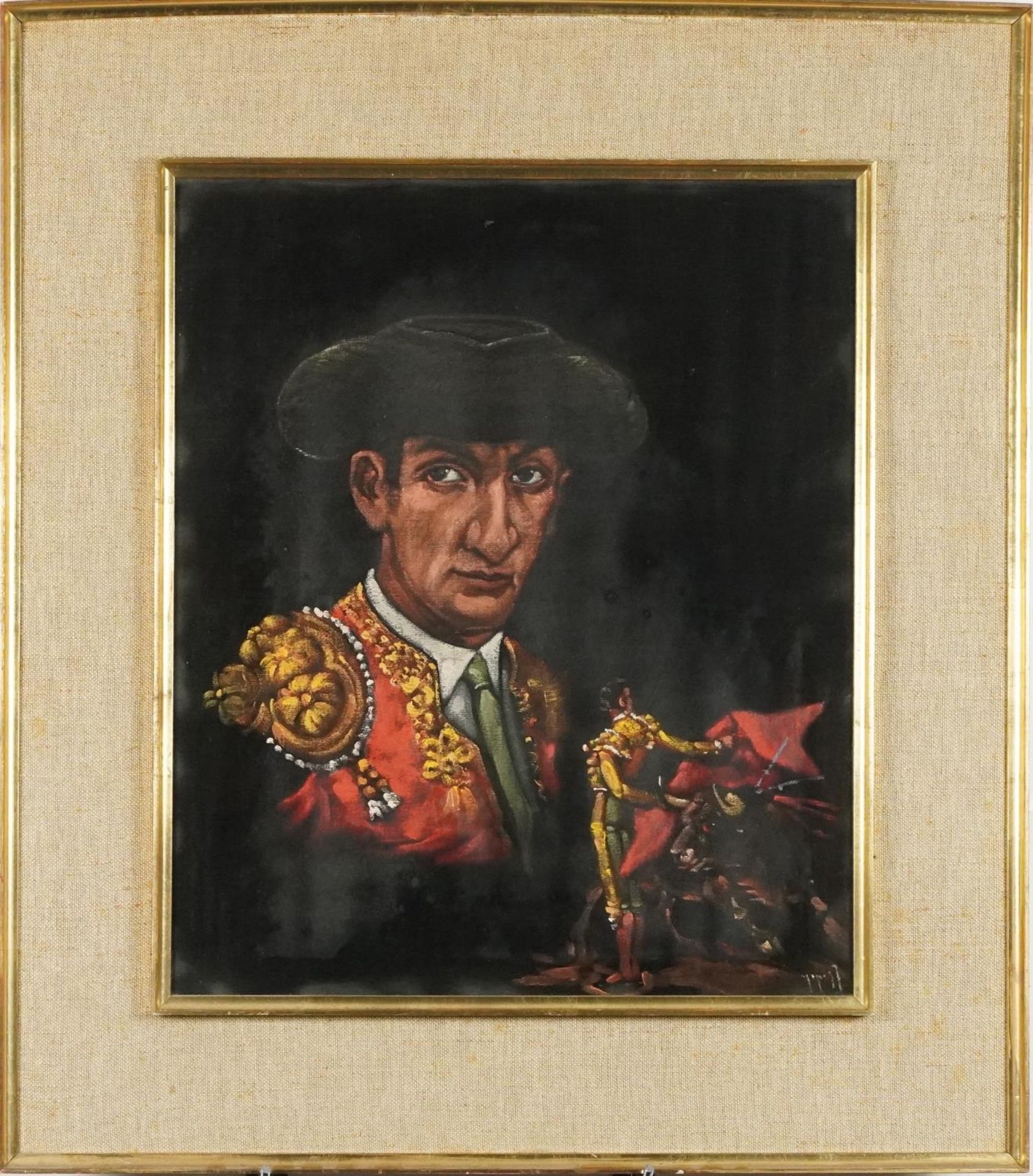 Matador, Spanish school oil on fabric, Aries label verso, mounted, framed and glazed, 47.5cm x 39. - Image 2 of 7