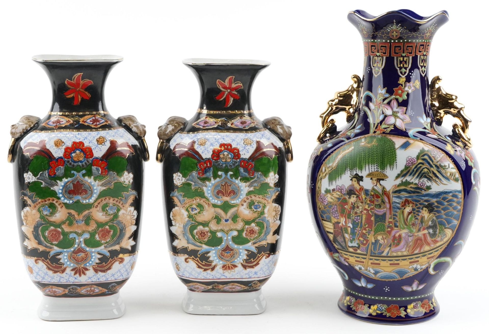 Three Chinese porcelain vases comprising blue ground example decorated with panels of figures in - Image 3 of 6