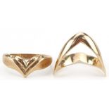 Two 9ct gold wishbone rings, both size N, total 3.8g