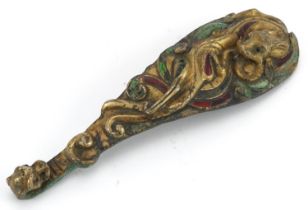 Chinese partially gilt bronze ruyi sceptre with hardstone inlay, 20cm in length