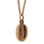 9ct gold coffee bean charm on a 9ct gold necklace, 1.6cm high and 40cm in length, 3.3g