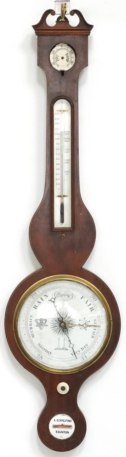 Three 19th century mahogany wall barometers with thermometers, one with enamelled plaque, - Image 7 of 15