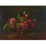 Still life roses in a bowl, oil on wood panel, indistinctly inscribed verso, framed, 39cm x 29.5cm