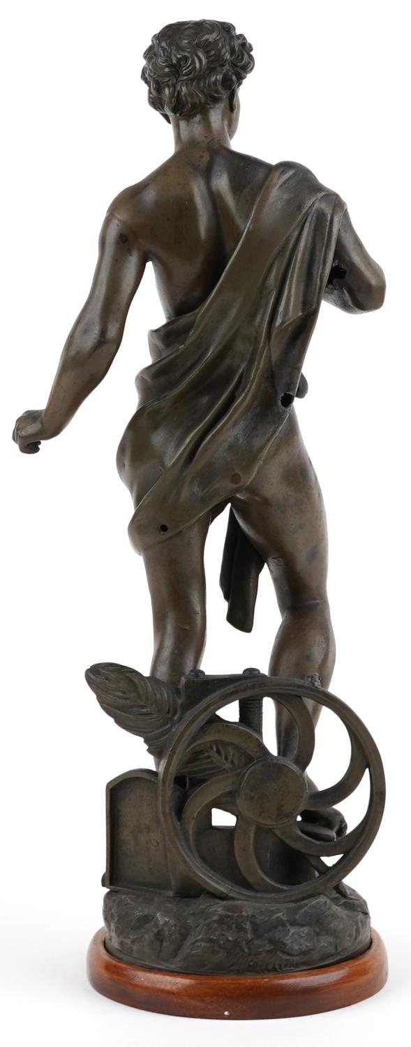 After Burchon, 19th century patinated spelter statue entitled L'Industrie raised on later hardwood - Image 4 of 5