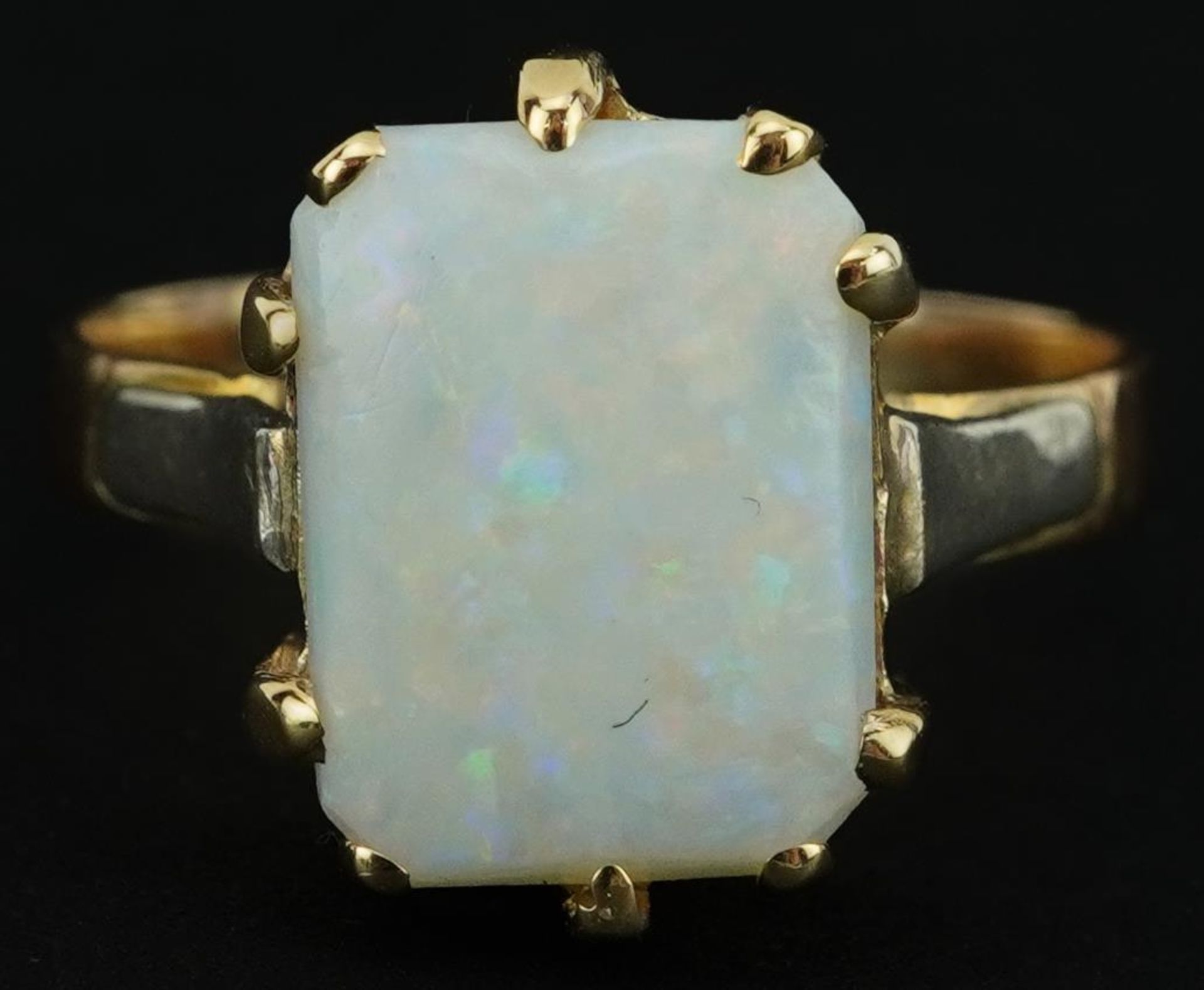 Victorian 18ct gold cushion opal ring, the opal approximately 11.50mm x 8.65mm x 3.0mm deep,