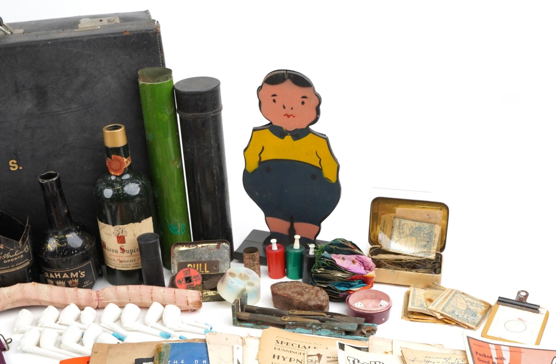 Collection of vintage magician tricks and props including tinplate bottles, playing cards, cups & - Image 4 of 7