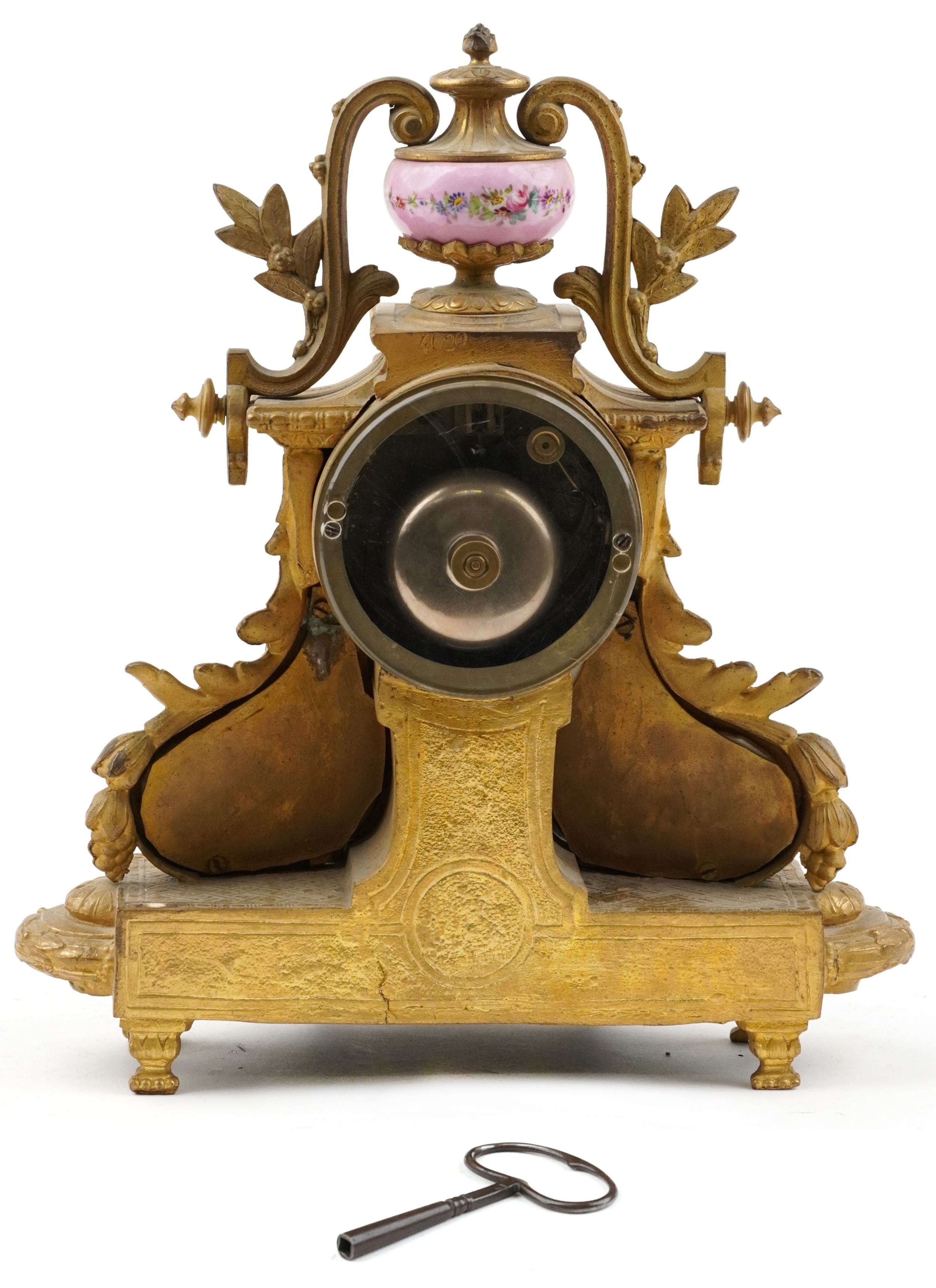 19th century French ormolu mantle clock striking on a bell having urn finial and Sevres type - Image 3 of 4