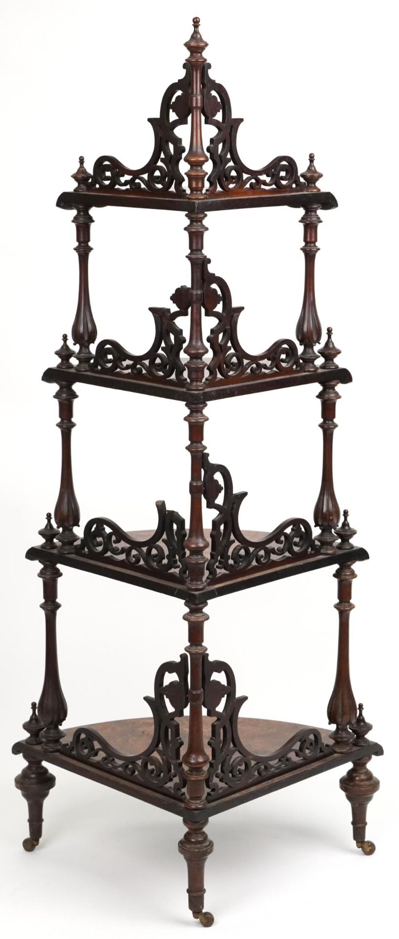 Victorian inlaid burr walnut four tier corner whatnot on casters, 150cm high - Bild 3 aus 3