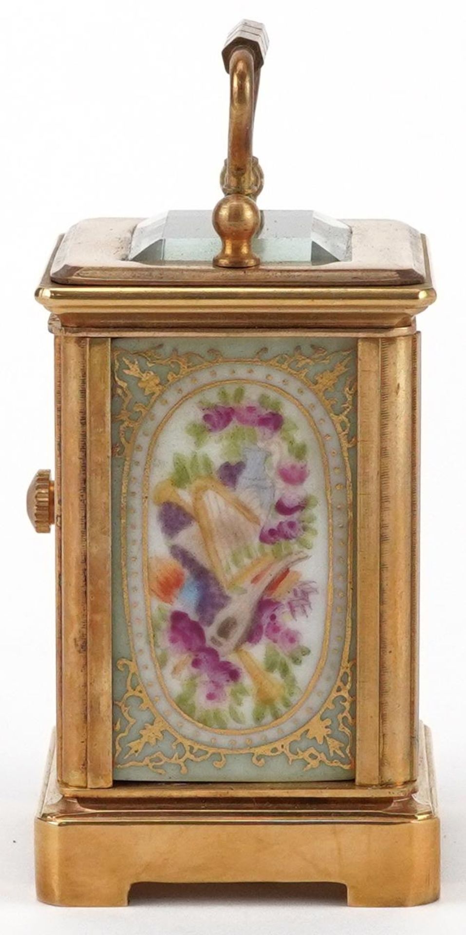 Miniature brass cased carriage clock with Sevres type porcelain panels depicting flowers, 5.5cm high - Image 4 of 8