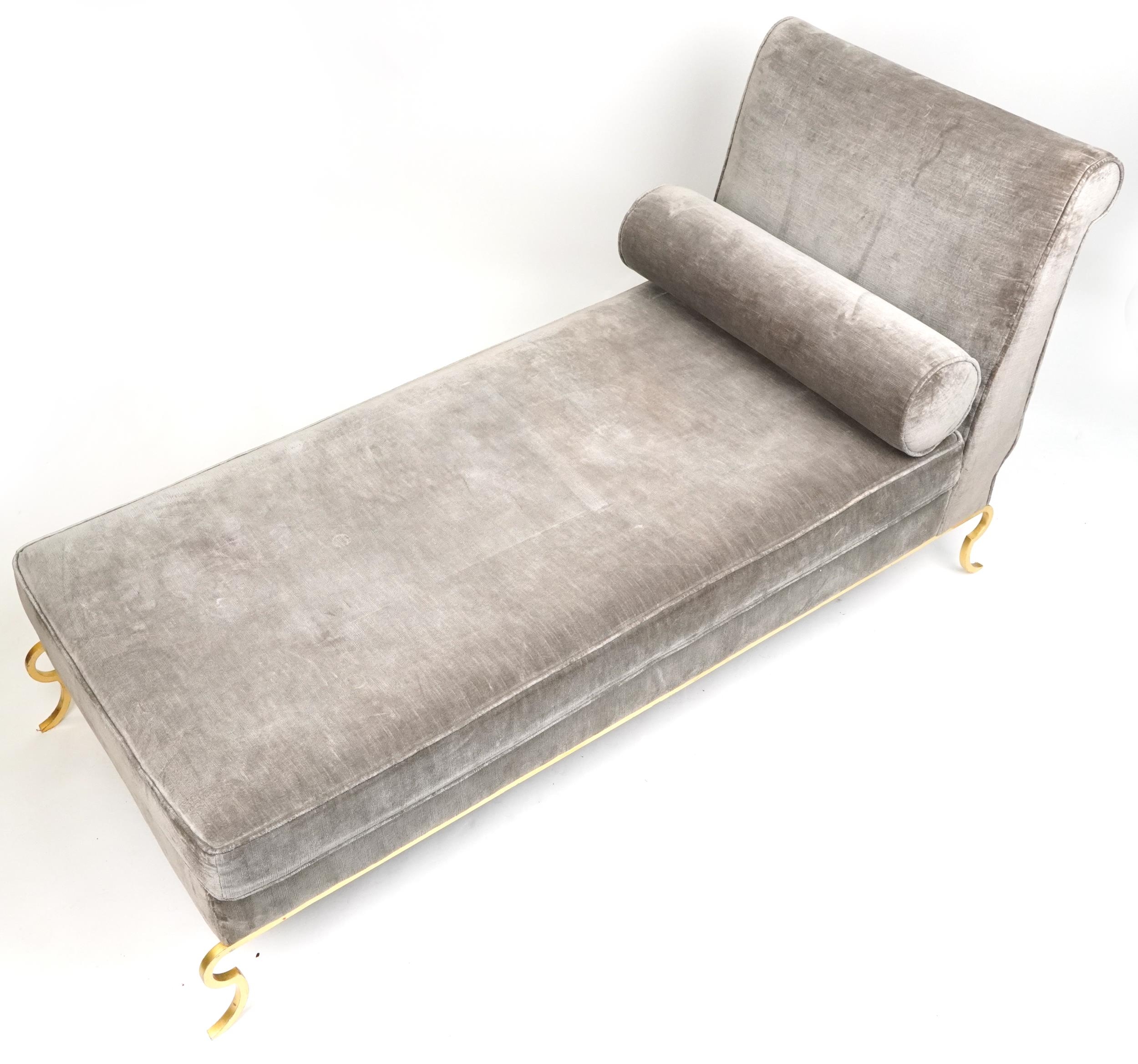 Contemporary grey upholstered chaise longue with gilt metal frame, 91cm H x 175cm W x 77cm D - Image 2 of 3