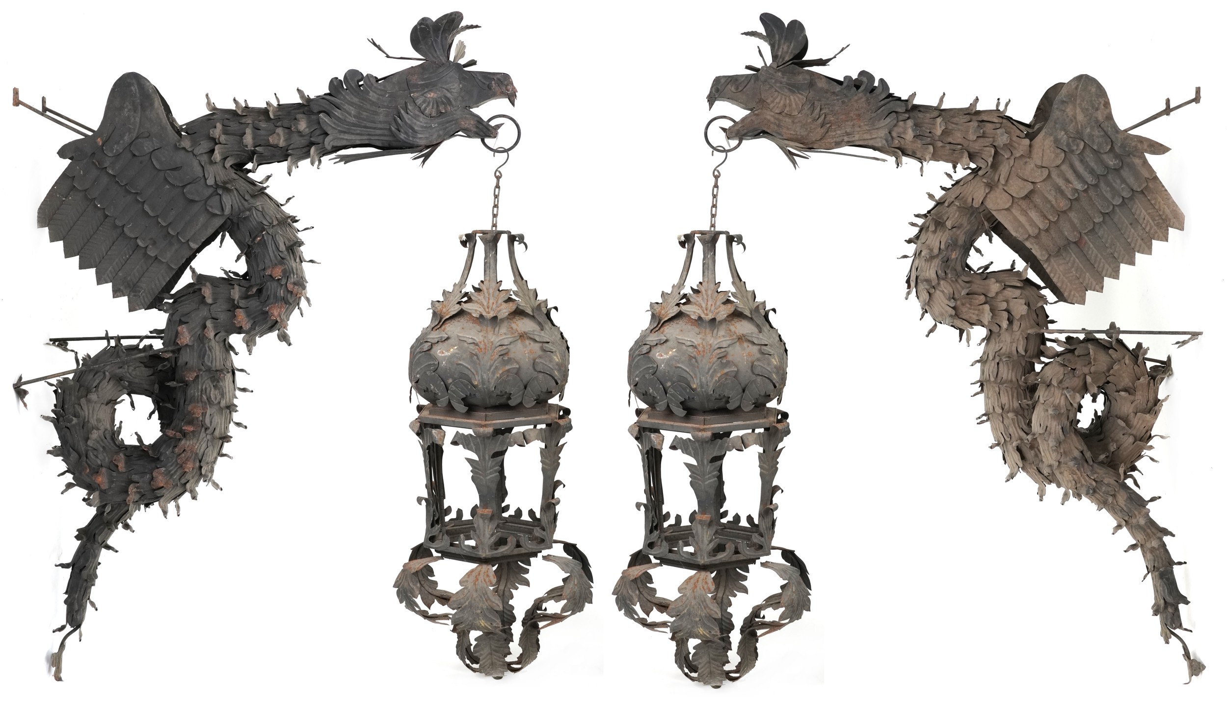 Pair of Chinese iron dragon wall lantern wall sculptures, each dragon 200cm in length - Image 2 of 2