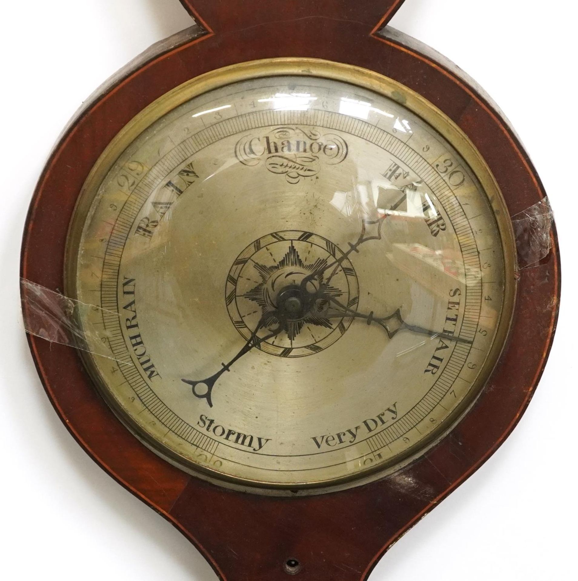 Three 19th century mahogany wall barometers with thermometers, one with enamelled plaque, - Bild 4 aus 15