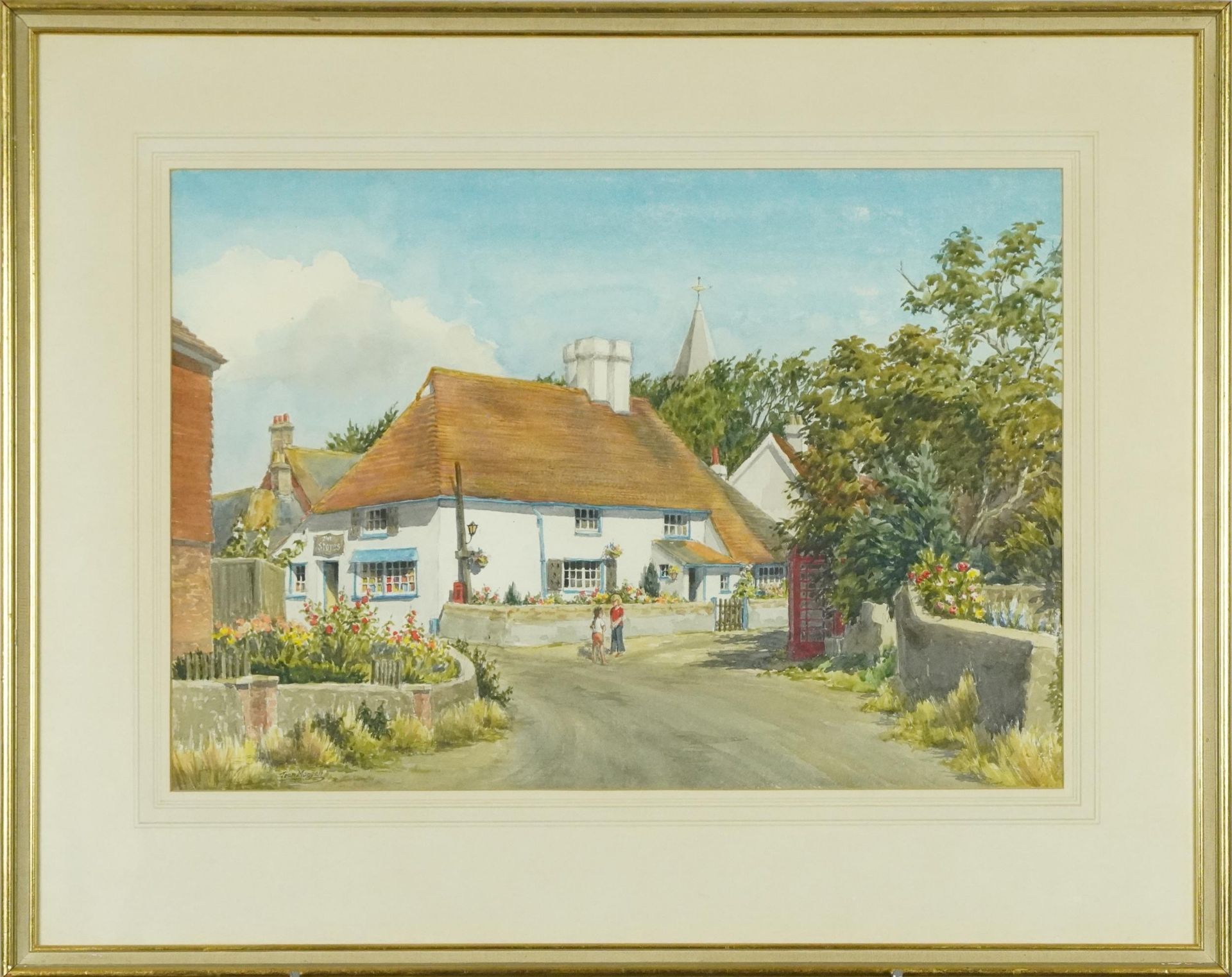 Joan Morgan - Street scene with children and letterbox, contemporary watercolour, mounted, framed - Image 2 of 4