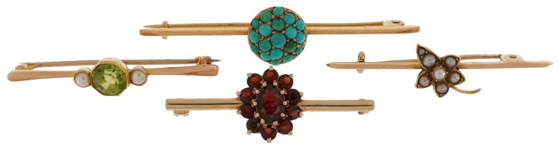 Four Victorian and later gold bar brooches set with assorted stones including turquoise, garnet