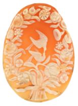 Victorian cameo shell panel carved with love birds amongst flowers and foliage, 5.6cm high, 14.3g