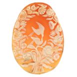 Victorian cameo shell panel carved with love birds amongst flowers and foliage, 5.6cm high, 14.3g