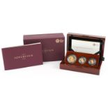 Elizabeth II 2016 sovereign Three-Coin Premium set by The Royal Mint comprising double sovereign,