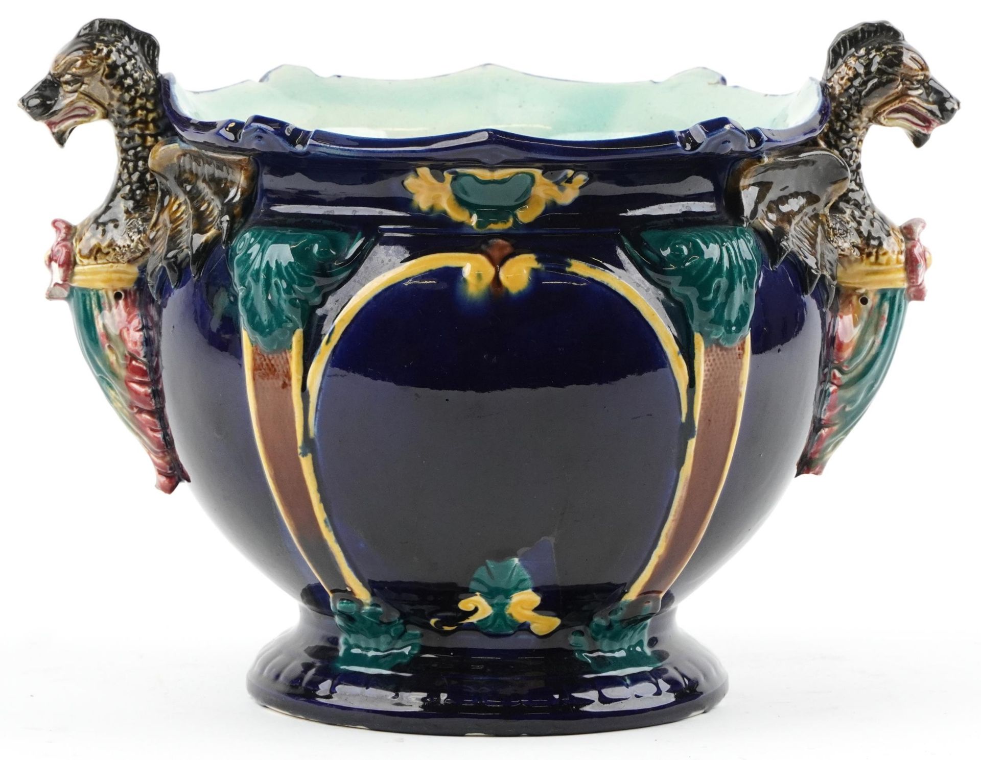Thomas Forester & Sons, Victorian Majolica jardiniere with twin dragon handles, 35.5cm wide