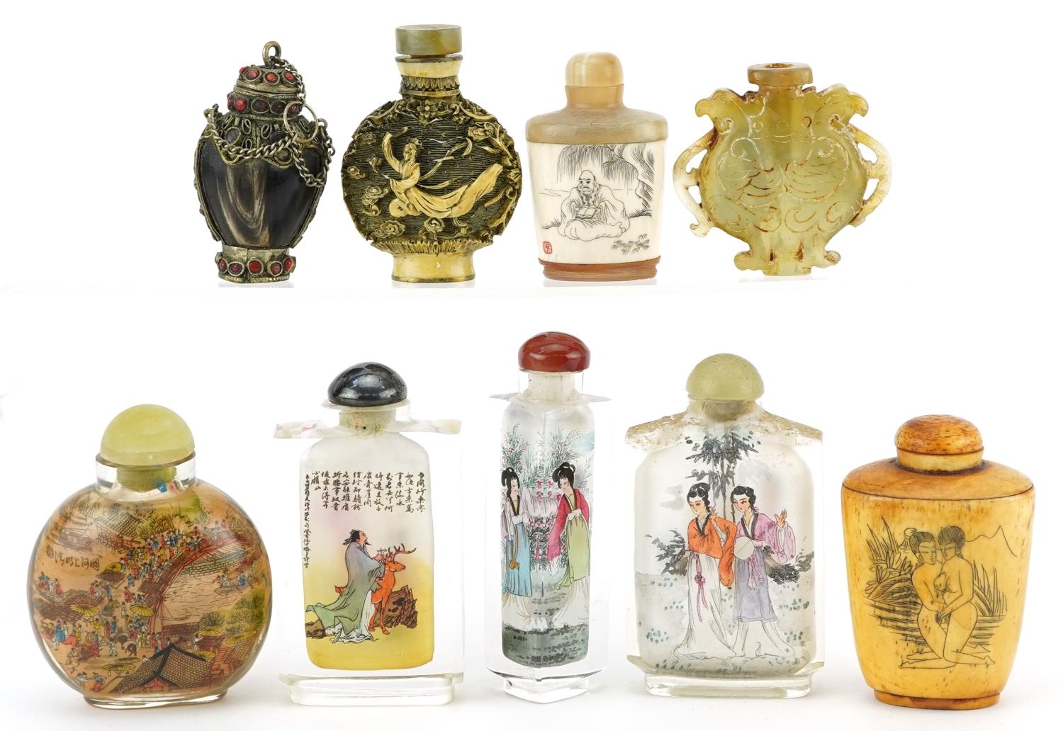Nine Chinese snuff bottles including a green and russet jade archaic style example, carved bone - Image 5 of 9