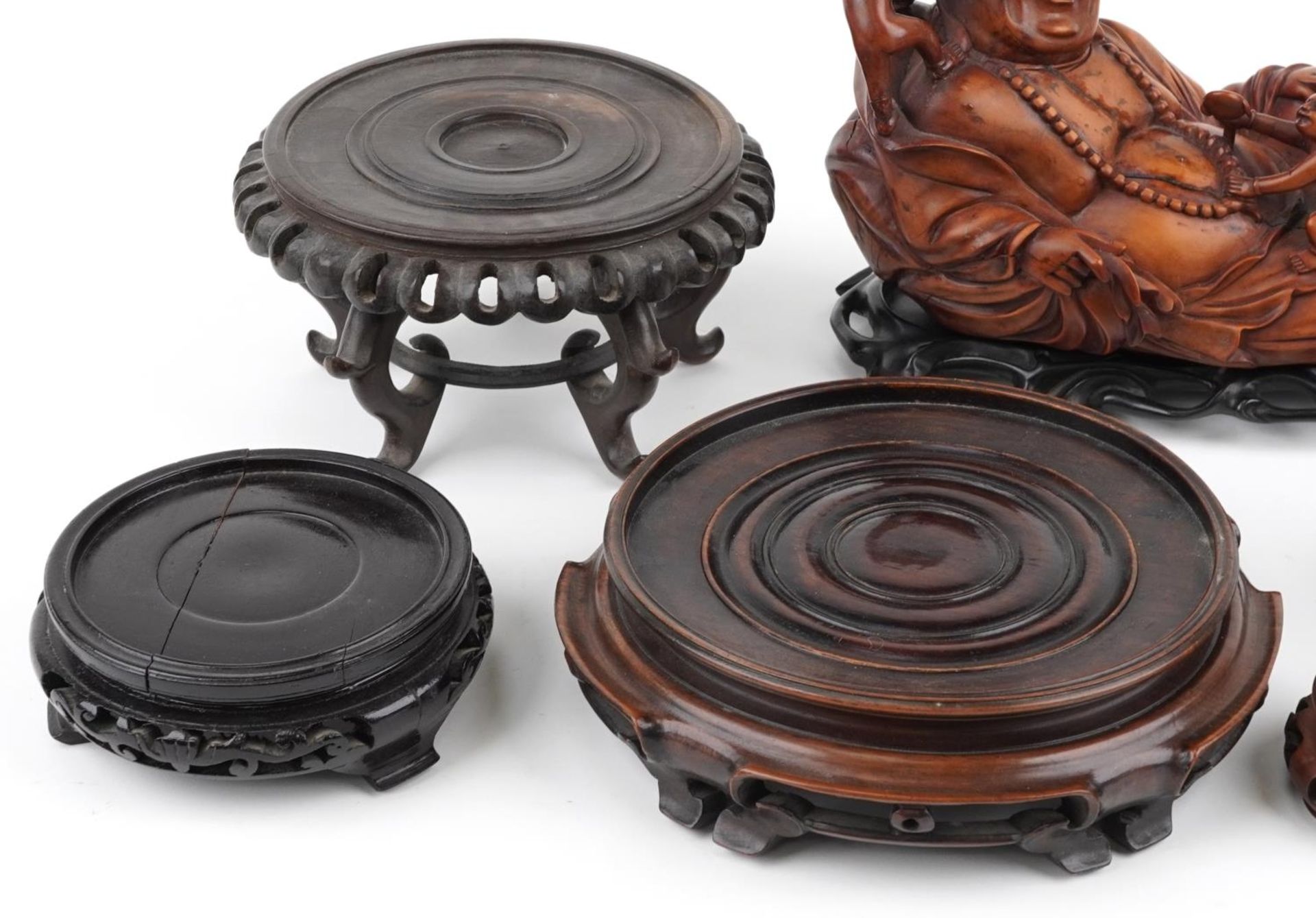Chinese wooden and metalware including a root wood carving of Happy Buddha on stand surmounted - Image 2 of 9