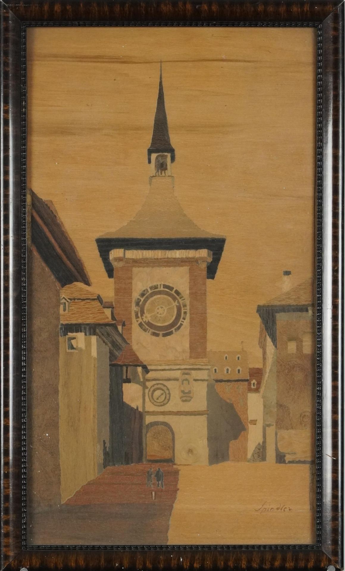 The Zytglogge Clock Tower, Berne, Switzerland, Rectangular parquetry inlaid panel, signed - Image 2 of 7