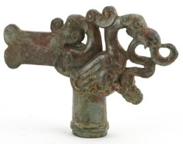Chinese archaic style axe head cast with a mythical bird, 16cm in length