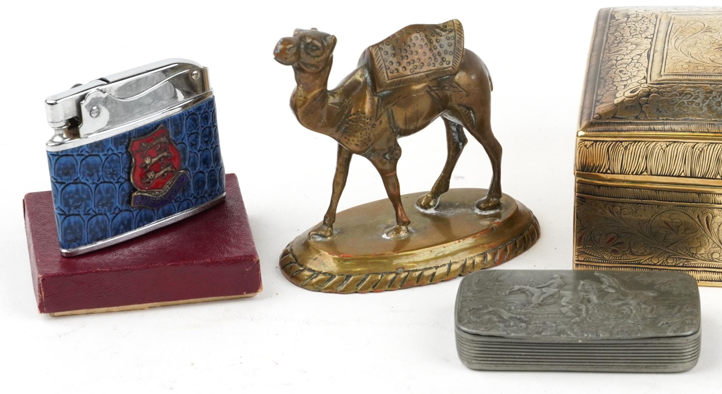 Sundry items including rectangular pewter hunting design snuff box, lighters and engraved Indian - Image 2 of 3