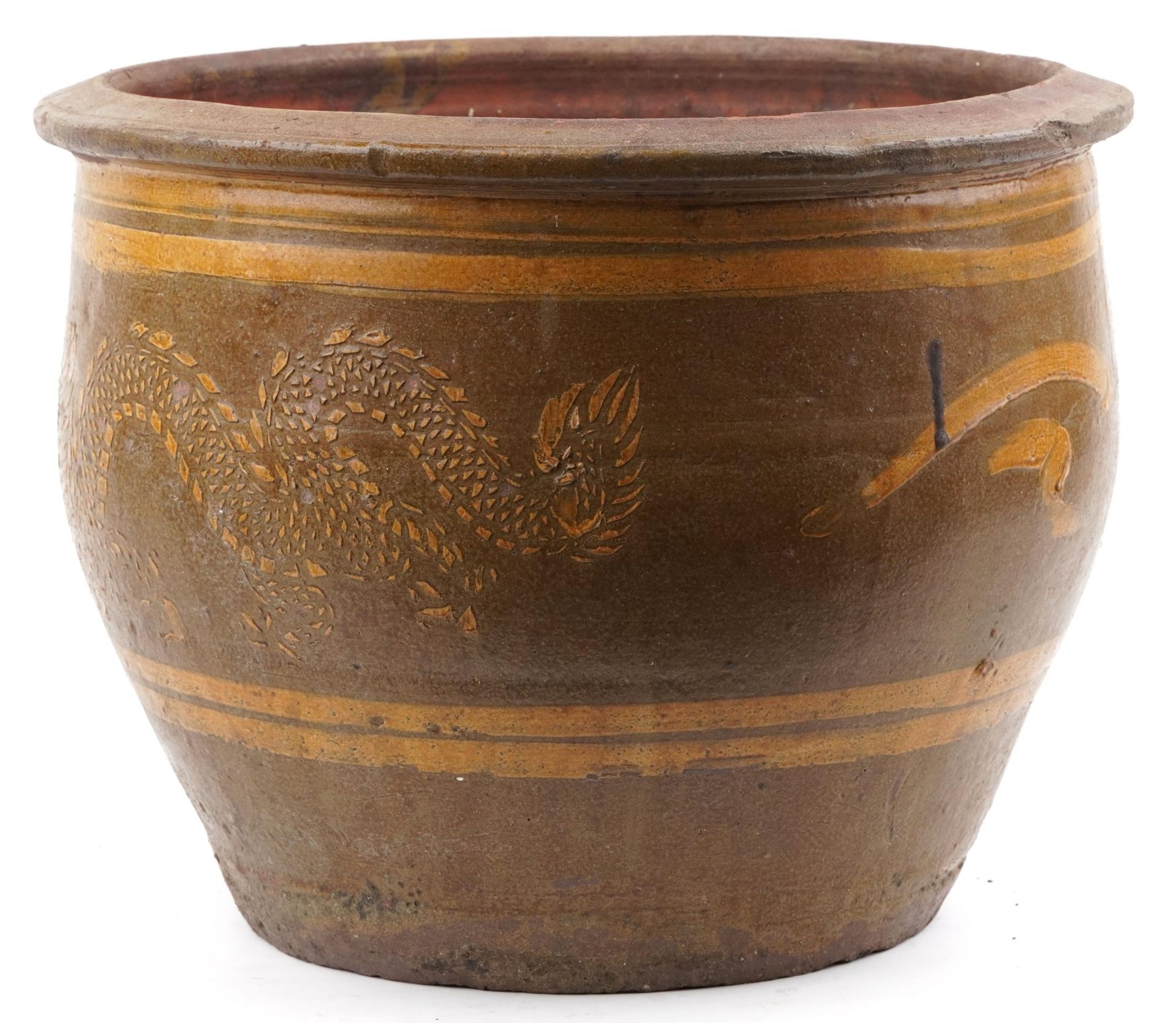 Large Chinese archaic style terracotta planter having and ash and brown glaze, incised with two - Image 2 of 6