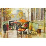 Manner of Edward Cortez - Parisian market, Impressionist oil on board, mounted and framed, 45cm x