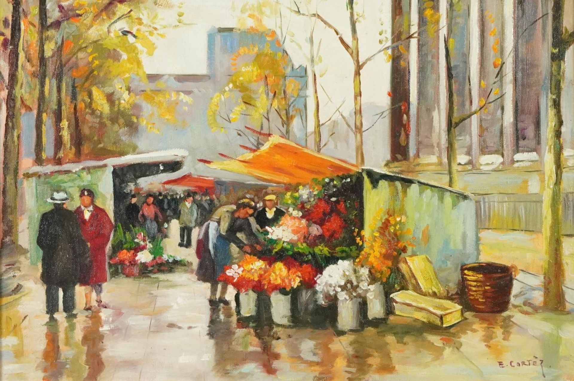 Manner of Edward Cortez - Parisian market, Impressionist oil on board, mounted and framed, 45cm x