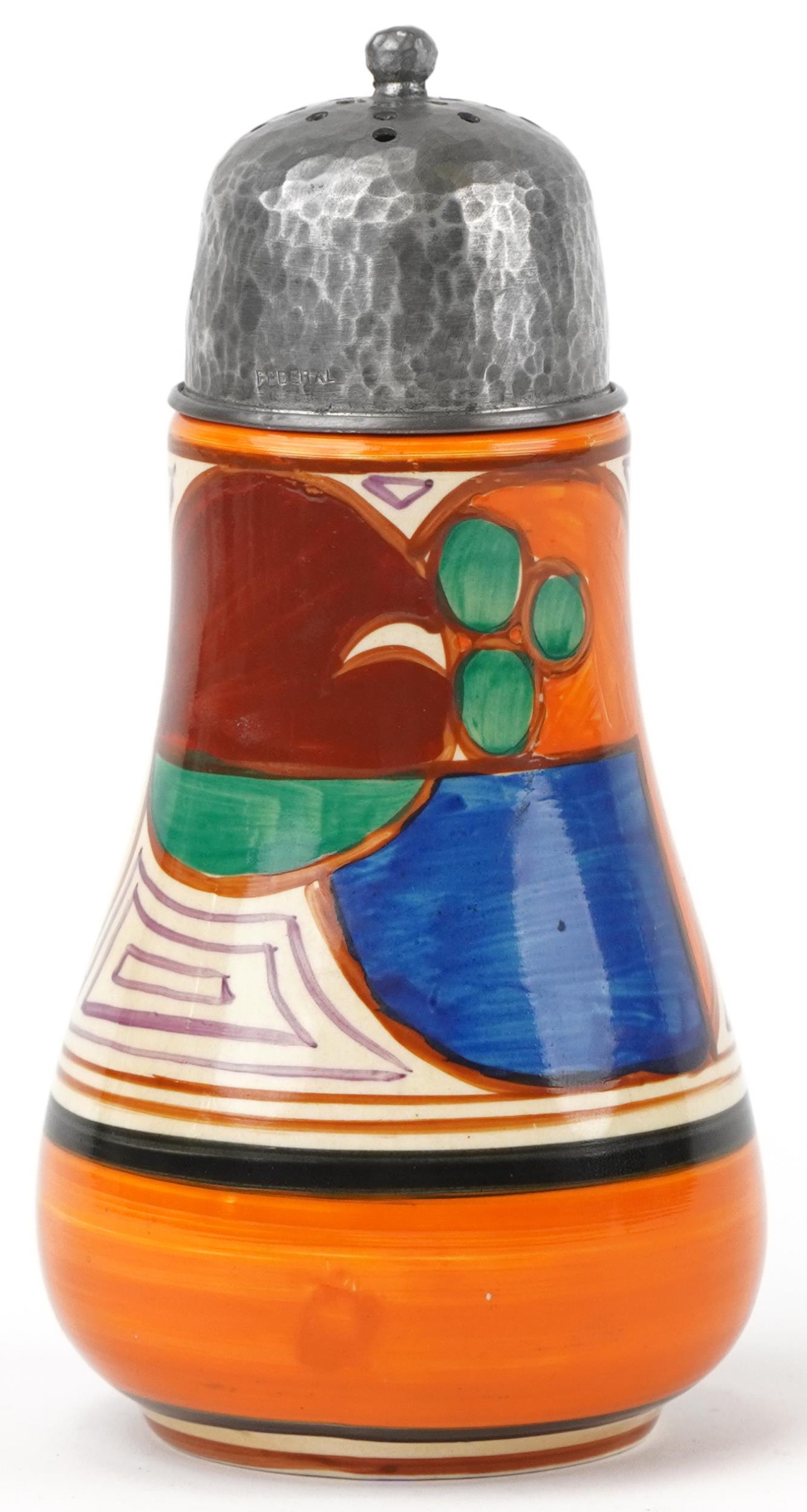 Clarice Cliff, Art Deco Fantastique Bizarre sifter with planished pewter lid hand painted in the - Image 4 of 7