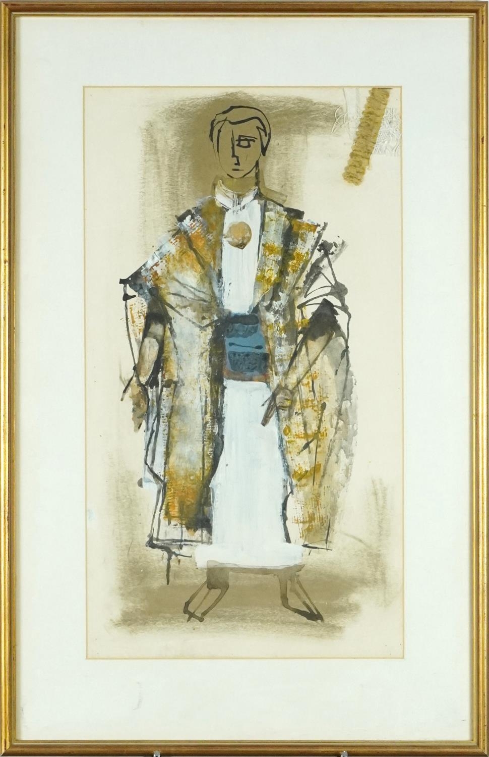 Full length portrait of a man in costume, probably for a theatre design, mixed media costume design, - Image 2 of 3